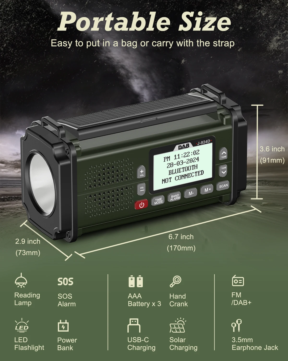 DAB/FM Bluetooth Speaker 10000mAh PowerBan Emergency Radio Portable Solar Radio Receiver Hand Crank USB-C Charging Radio LED