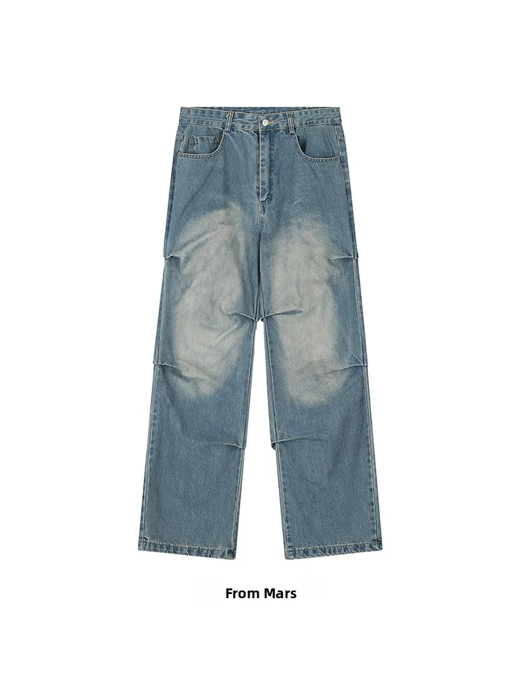 

Повседневные свободные джинсы прямого кроя для мужчин, длинные брюки, осенняя модная тенденция, драпированные джинсовые брюки с отворотами, парные модели