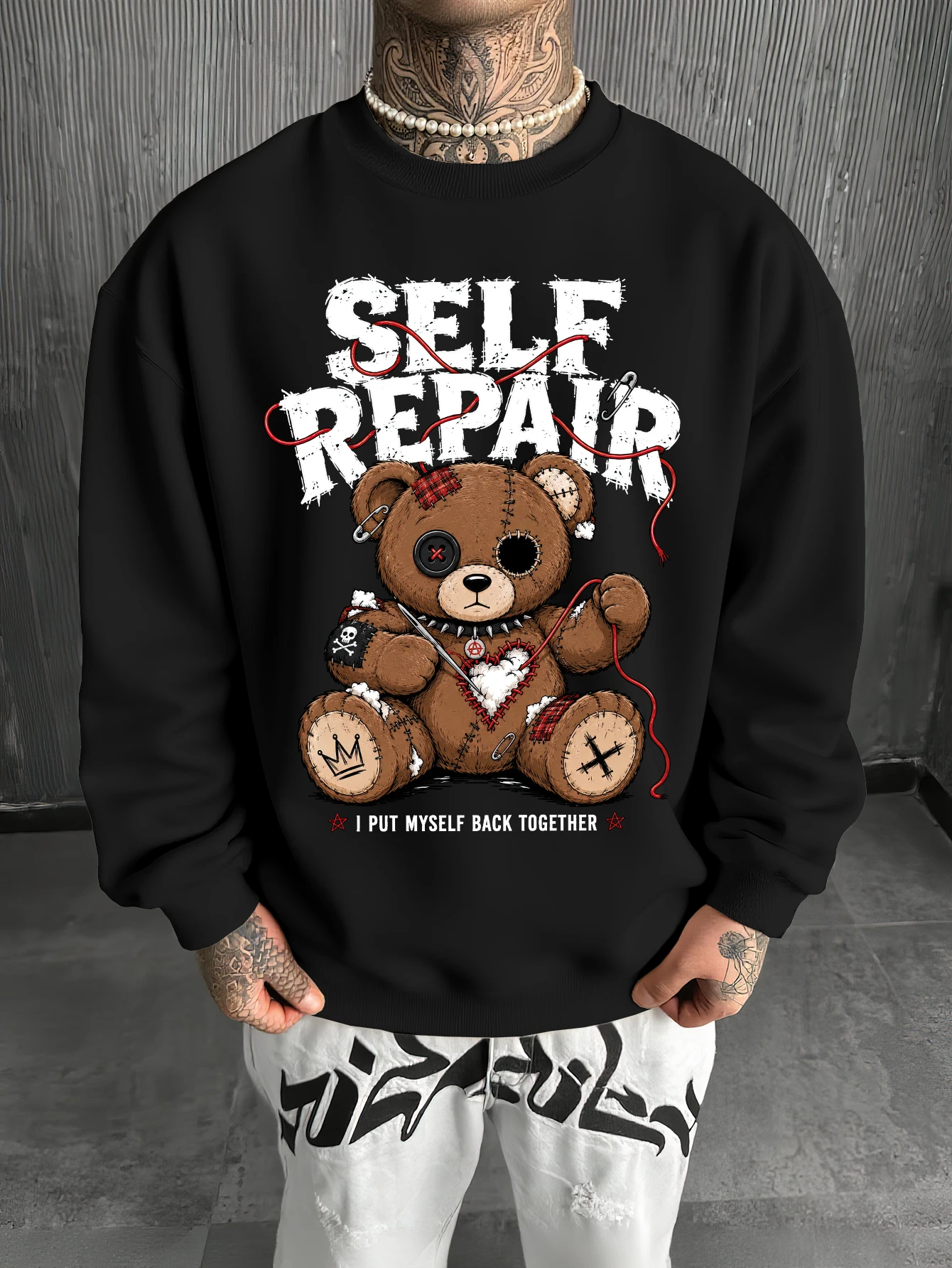 Streetwear Men Crewneck Sweatshirt Loose Fit Polyester Stitched Teddy Bear Rubber Print Pullover Gothic Hip Hop