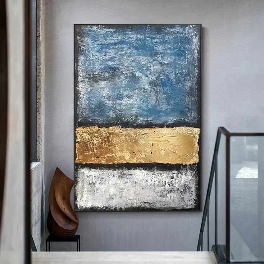 100% Hand Painted Abstract Painting In Blue Yellow And White Wall Art Home Decor