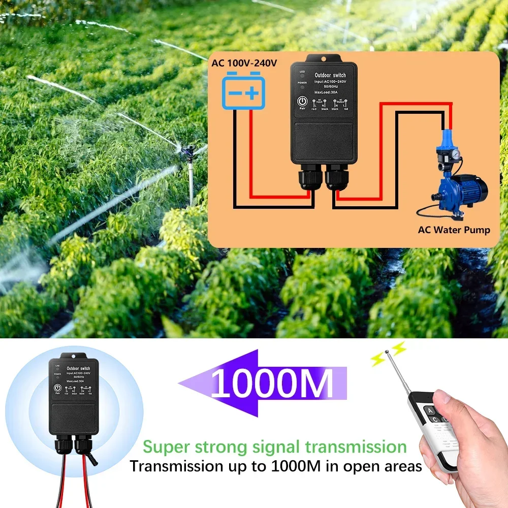 RF High Power Receiver Relay IP65 WaterProof 433MHz Wireless Remote Control Switch Transmit 1000M 110V 220V for Pump Lamp Fan