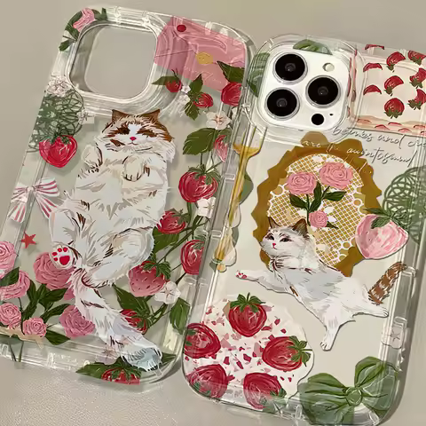 Korean Paint Cat Strawberry Rose Phone Case for Xiaomi Mi 11 Lite Poco F4 X3 X4 M3 M4 GT NFC Pro 4G 5G Airbag Anti Fall Clear