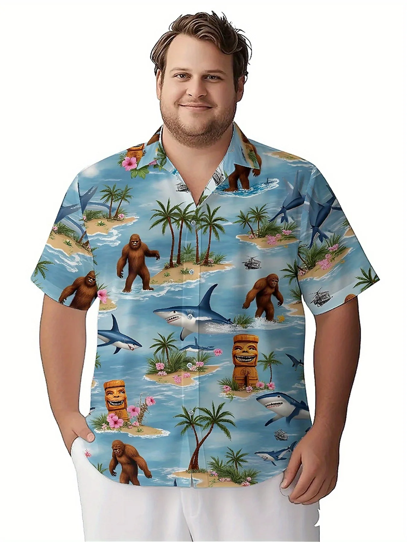 قمصان هاواي مقاس كبير للرجال نمط قناع الغوريلا وتكي، قمصان عصرية جديدة في الصيف، ملابس هيب هوب روك للشارع