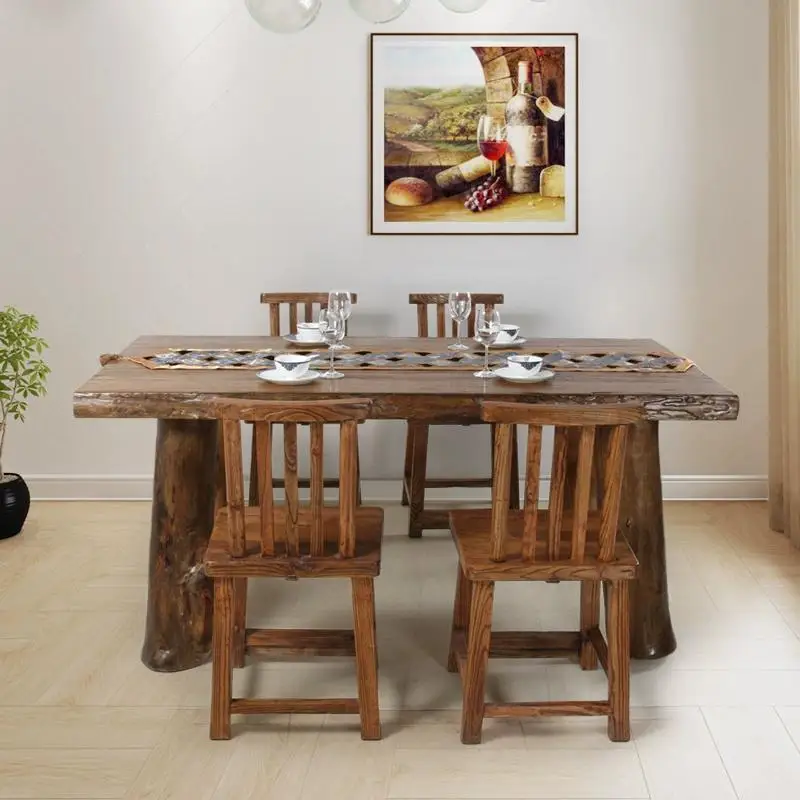 

Wabi Sabi Wind All-log Kung Fu Tea Table Integrated Pure Solid Wood Dining Table and Chair Combination Retro Living Room Home