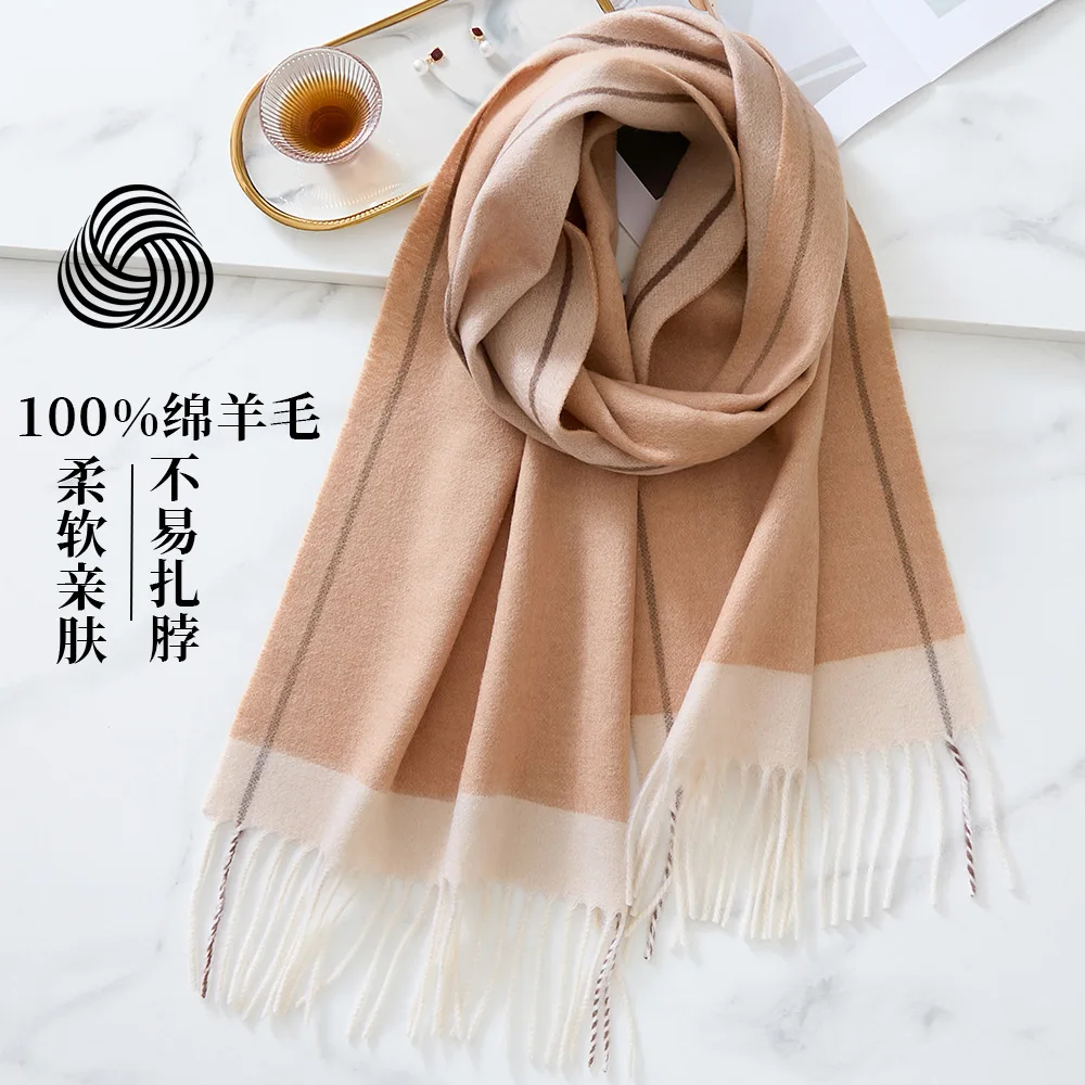 

Двусторонний женский осенне-зимний шарф из 100% чистой шерсти, высококачественный пуховый шарф в подарок, шаль с кондиционером