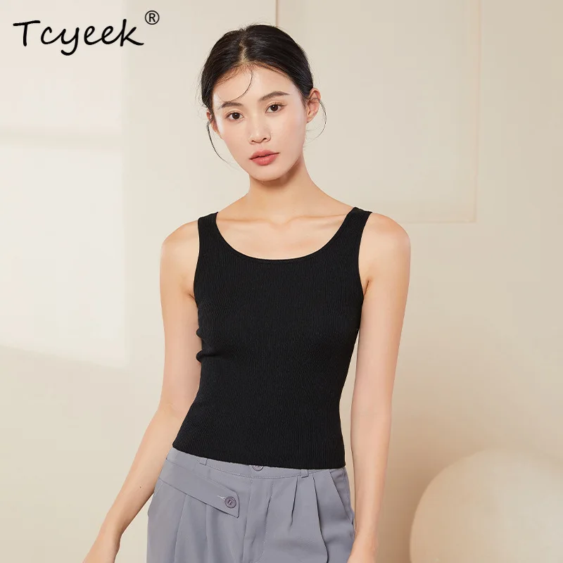 Tcyeek, 30% Spun Silk 우아한 니트 캐미솔, 여성 O 넥 솔리드, 섹시한 통기성 바닥 탱크 탑, 2024 여름 가을 P48015QC