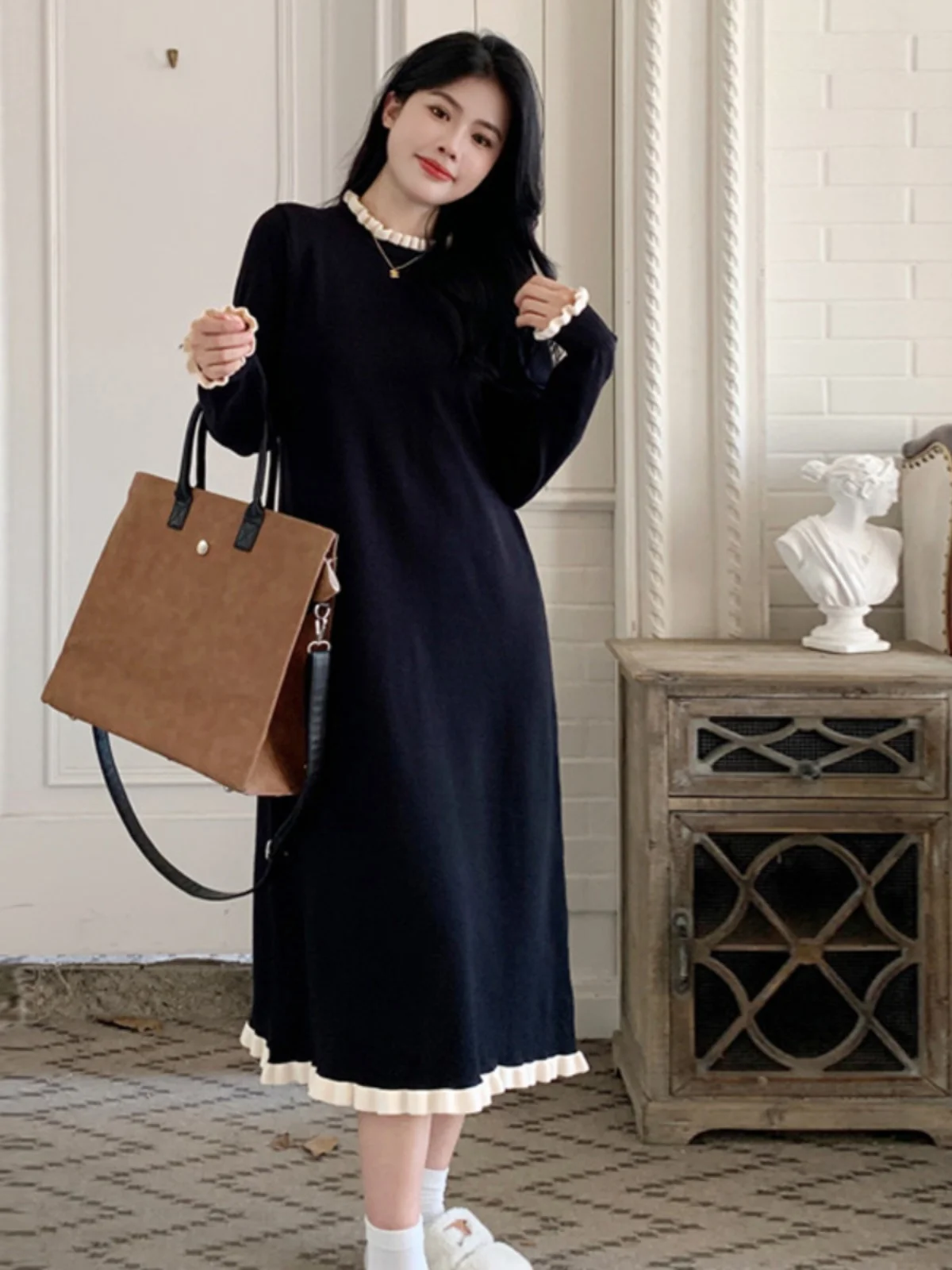 

Вязаный свитер большого размера для осени и зимы, повседневный, свободного кроя, с деревянными пуговицами, удлиненный, скрывающий живот, с высокой талией