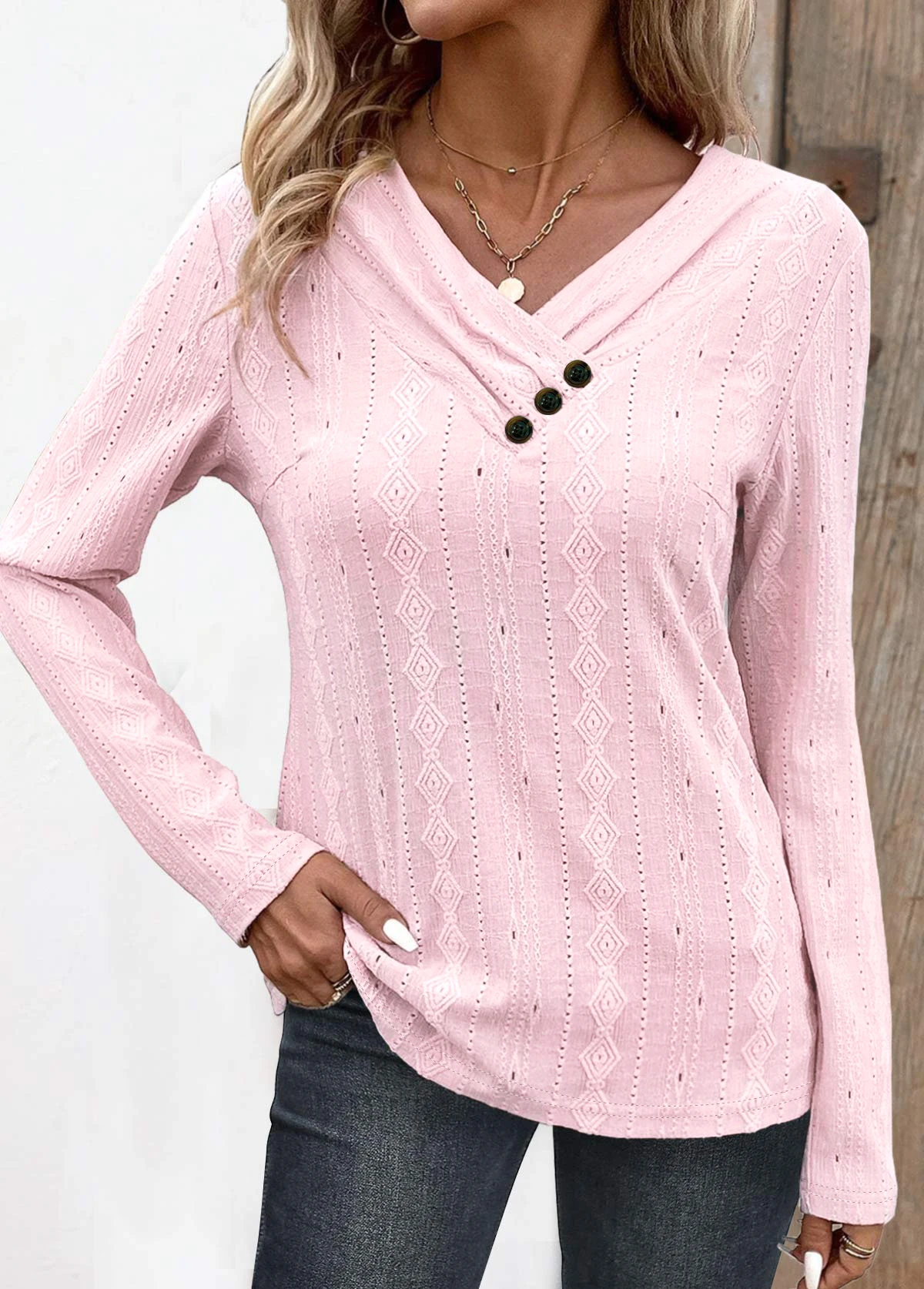 Women's Autumn Winter Fashion Button Light Pink Long Sleeve V Neck T-Shirt
