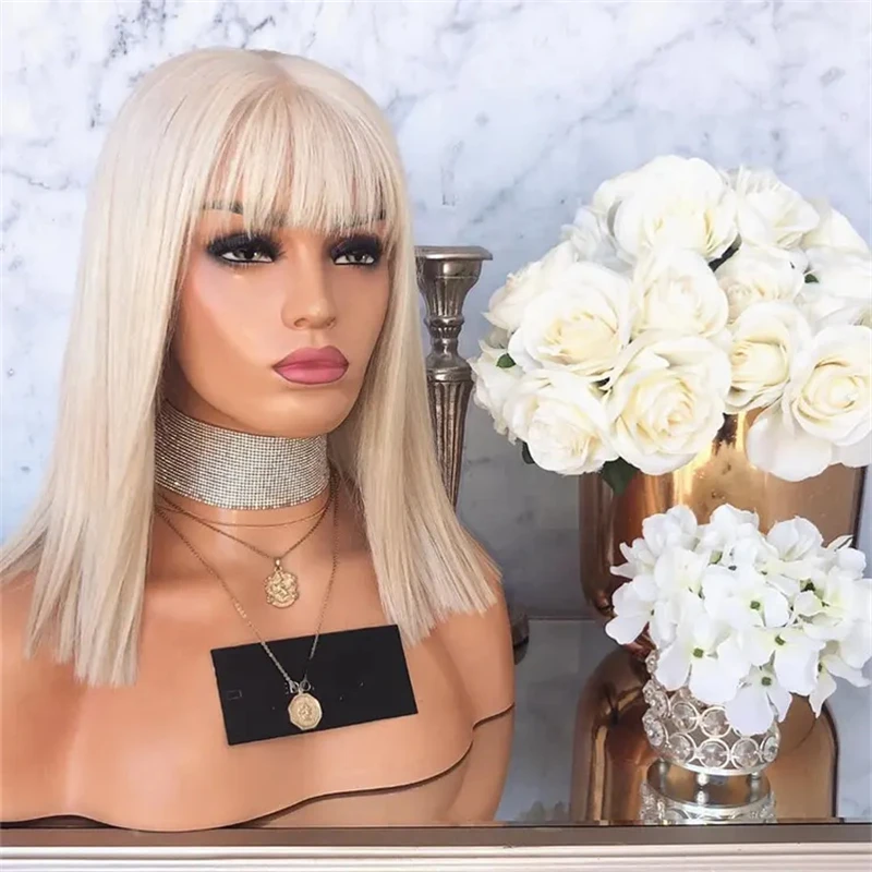 

Ombre Platinum Blonde Bob With Bangs 100% Remy Human Hair Wig Bob Natural Human Hair Wigs Soft Straight Lace Wig for Women 12"