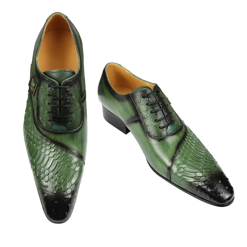 Luxury Men Oxford Shoes British Carved Fashion Dress Leather Shoes Pointed Shoes Trendy Lace-up Green Black Formal Shoes Men - Image 3