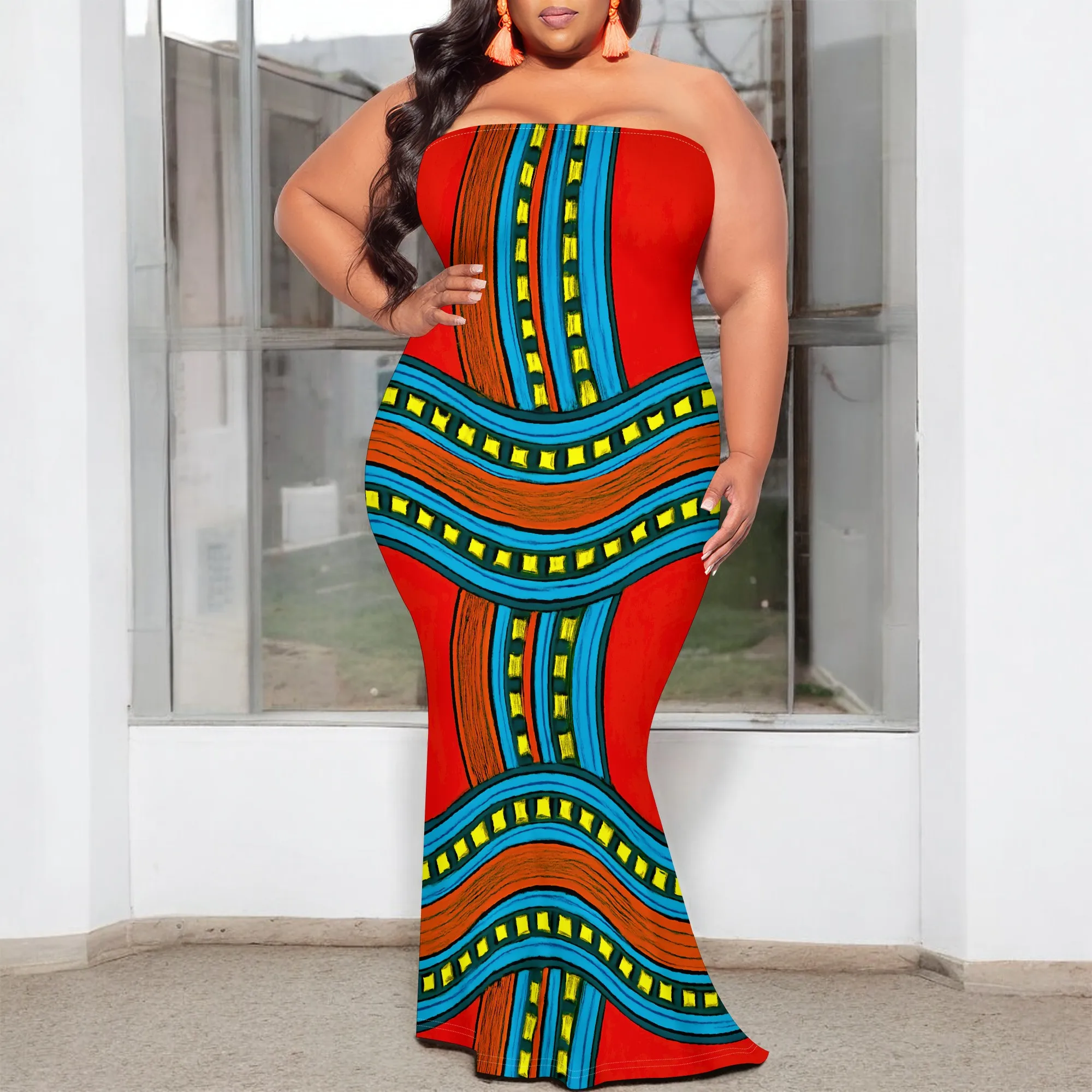 

Red Tribal Print Plus Size Dress XL-6XL Strapless Bodycon Maxi Style for Kwanzaa, Cultural Festival or Afro Heritage Look