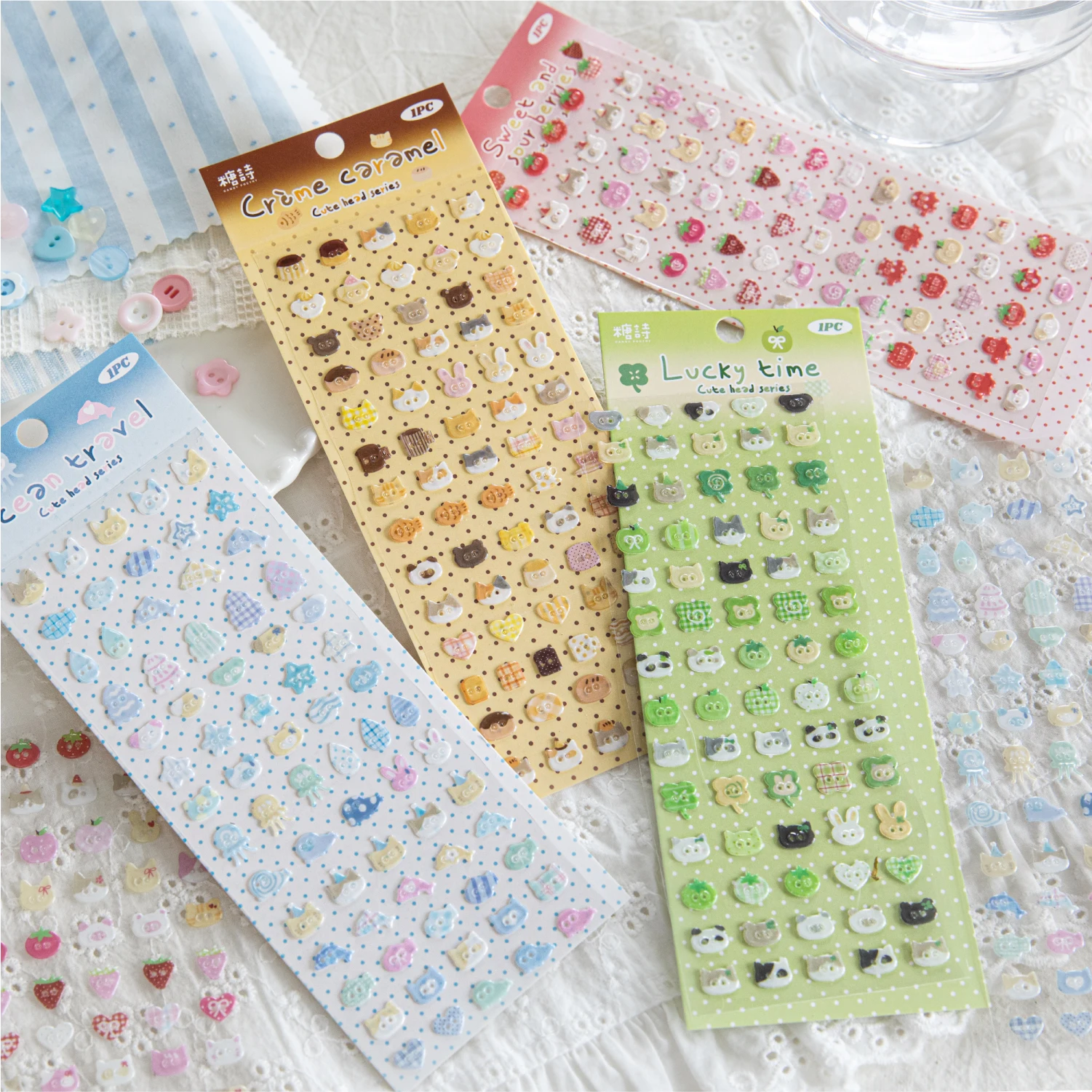 1 Sheet Cute Head Series Kawaii Cartoon Pattern Relief Drop Adhesive Stickers DIY Diary Scrapbook Aesthetics Stationery