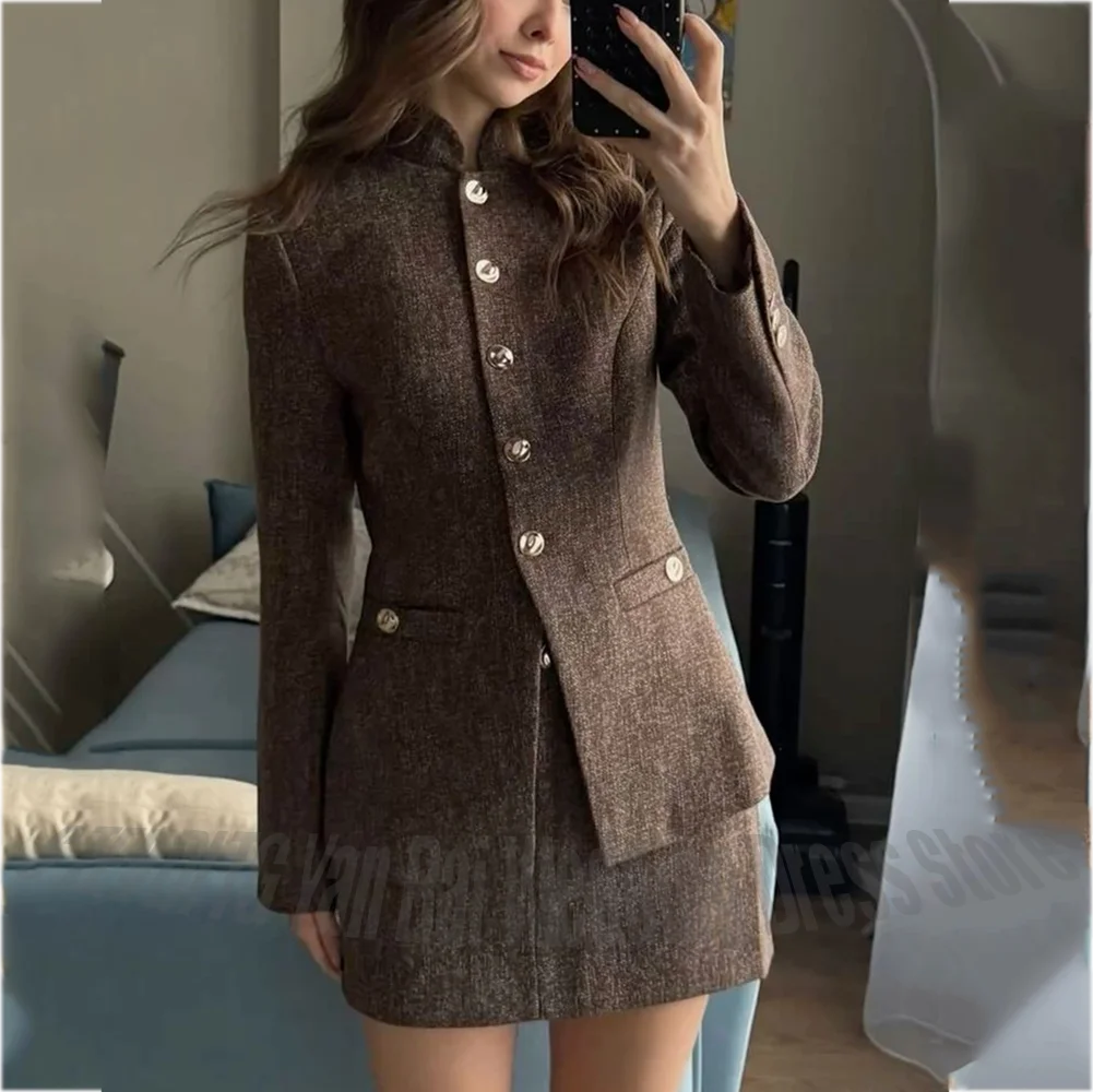 Classic Stand Lapel Women's Suit Two Pieces Single Breasted Slim Fit Lady Set Outfit Elegant Modern Jacket With Short Skirt