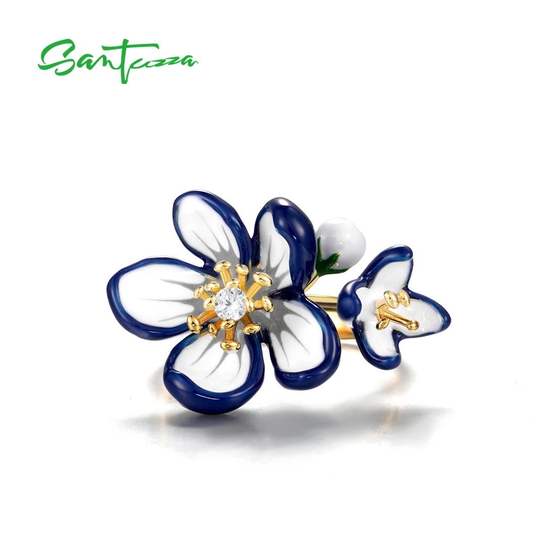 SANTUZZA Real 925 Sterling Silver Rings For Women Sparkling Blue Stone & Enamel Flower Trendy Gifts Fine Jewelry Handmade