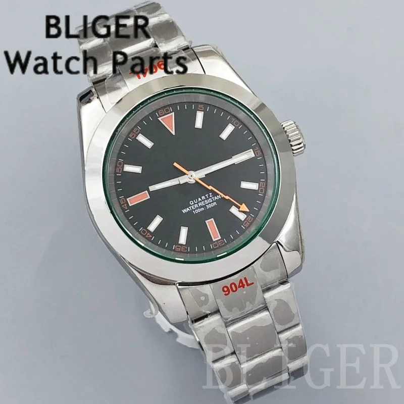 BLIGER 36 มม./39 มม.RONDA 515 นาฬิกาควอตซ์สำหรับผู้ชายกระจกสีเขียวสีส้มสายฟ้ามือสองเหล็กกันน้ำผู้ชายนาฬิกาแฟชั่น