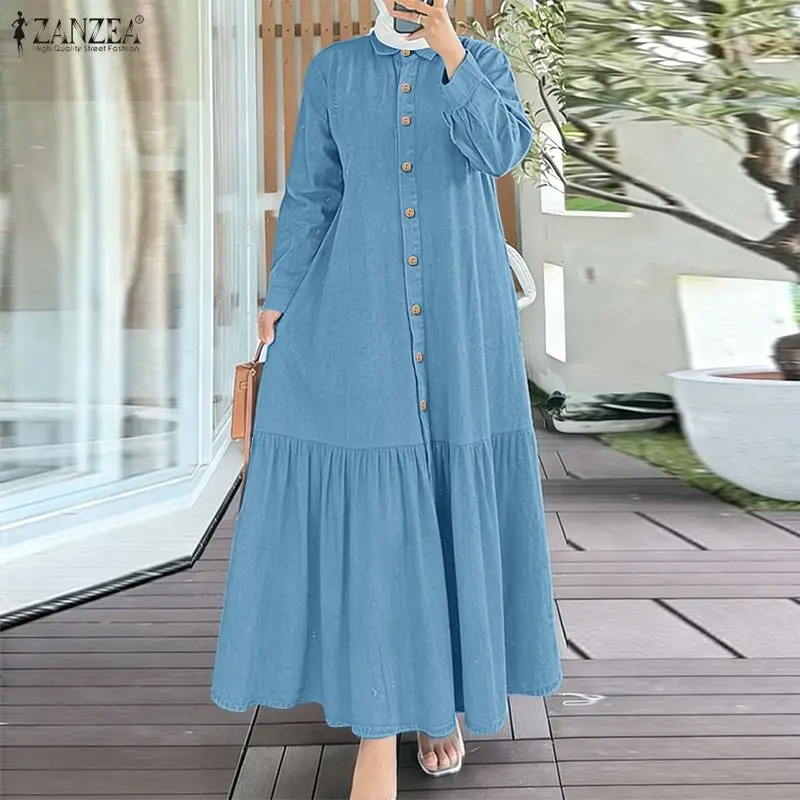 2026 ZANZEA Women Lapel Neck Long Sleeve Denim Blue Sundress Casual Robe Kaftan Spring Muslim Dress Abaya Solid Loose Vestido