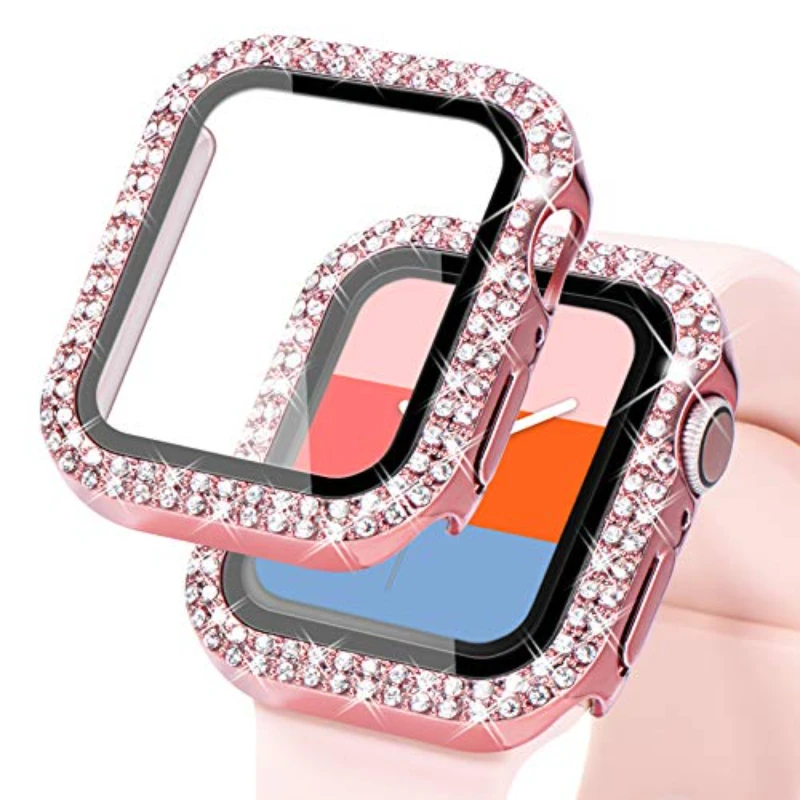 الماس + حافظة فيلم مقسى لساعة أبل 8 7 45 مللي متر 44 مللي متر الزجاج الغطاء الواقي لسلسلة iWatch 6 5 4 3 SE 42 مللي متر 40 مللي متر 41 مللي متر 38 مللي متر #1