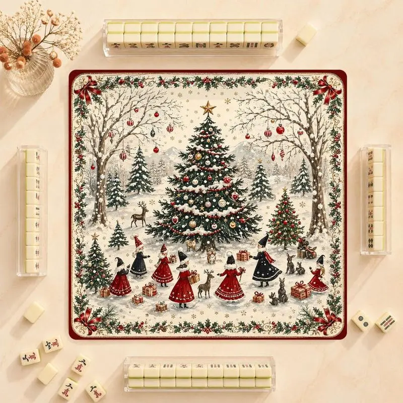 VIKAMA Vintage Christmas Forest Snowman Mahjong Mat Table Cover For Game Night Party Family Board Game Tablecloth Decor