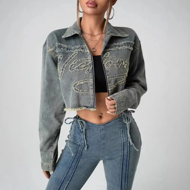 

Trendy Women's Zippered Embroidered Denim Top Spring/Summer 2026 Fashion Denim Coat