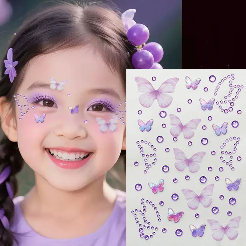1pcs Purple Butterfly Face Gems Stickers Self-Adhesive Rhinestone Face Jewels Temporary Tattoo Stickers Eye Face Body Decoration