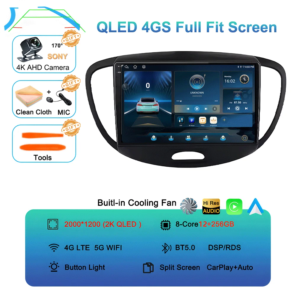 Android 16 Carplay Auto autoradio voor Hyundai I10 2007 - 2013 CarPlay Auto GPS Recorder Multimedia videospeler 4G+WiFi DSP