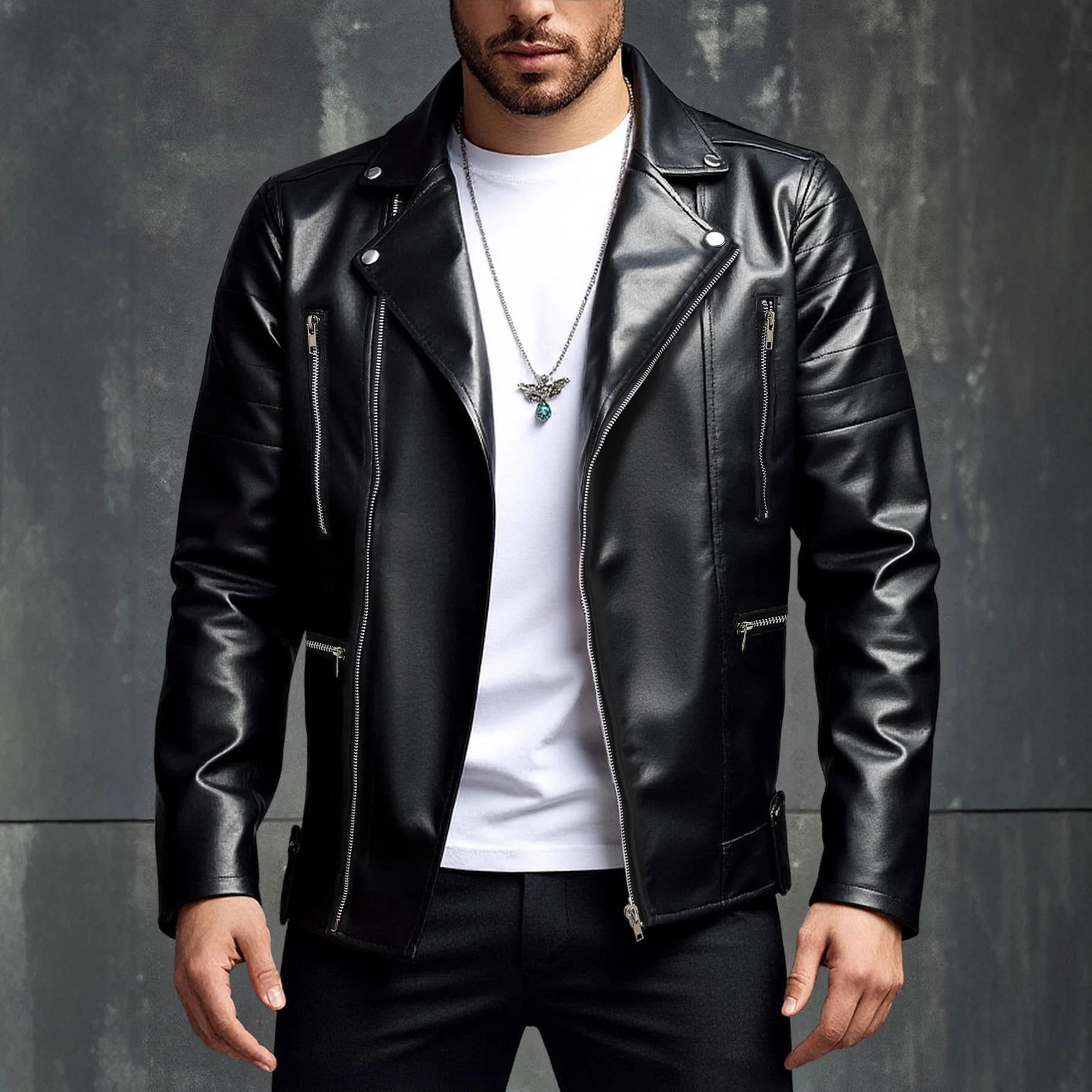 

Black PU Leather Jacket Motorcycle Style Multi Zipper Slim Fit Trendy Top Outerwear Vintage Biker Jacket Streetwear Fashion Coat