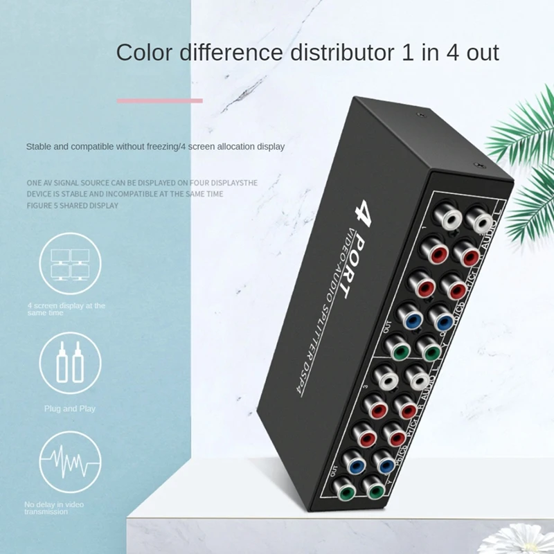 AV Component Video Audio Splitter 1 In 4 Out, 4-Way RCA/Ypbpr Component Video L/R Audio Splitter AV Video Switch Box; For DVD