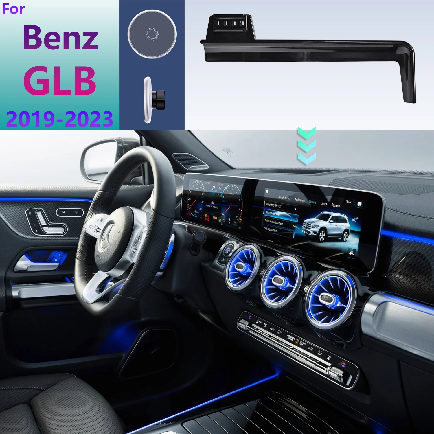 For Mercedes Benz GLB X247 2023 2022 2021-2019 Car Phone Holder Screen Fixed Base Car Magnetic Wireless Charging Stand MagSafe