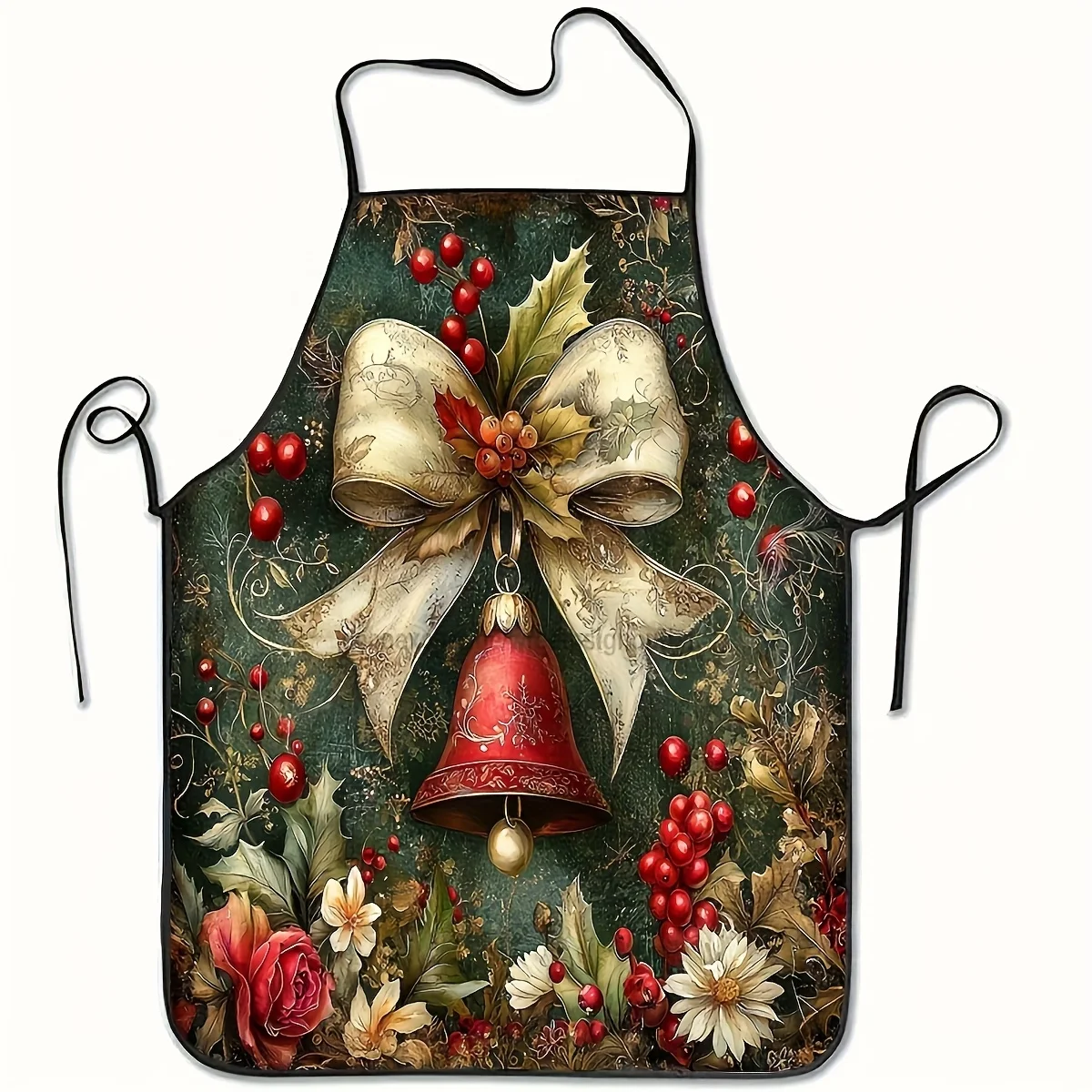 1pc Unisex Printed Apron with Christmas Bells, Red Berries, Holly Leaves, Flowers, and Bow Pattern, Ideal for Kitchen Baking, Ou