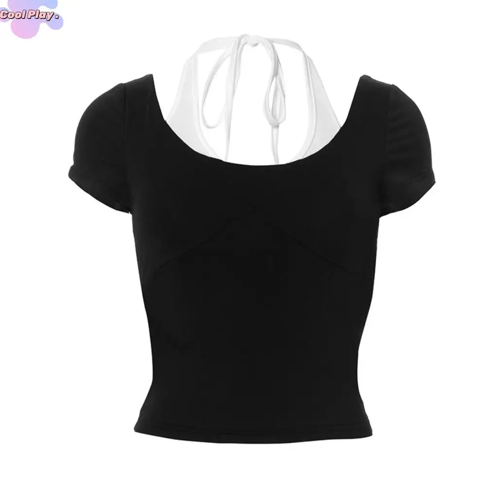 

Y2K Fake Two Pieces Top Spicy Girl Style Bottoming Shirt Slim Halter Crop Top Women Chic Short Sleeve T-shirts Summer