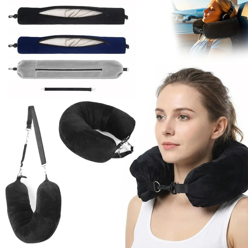 Portable Travel U-Shaped Neck Pillow Pillowcase with Strap Fillable Storage Bag Pillow Travel Use Lightweight Neck Cove for Airp
