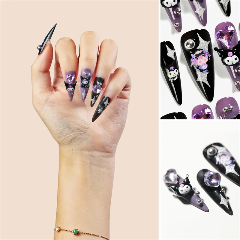 Kawaii Nails Handmade Press-On Nails Long Almond Stiletto Black Pink Sanrios Kuromi Y2K Design False Tips 10Pcs