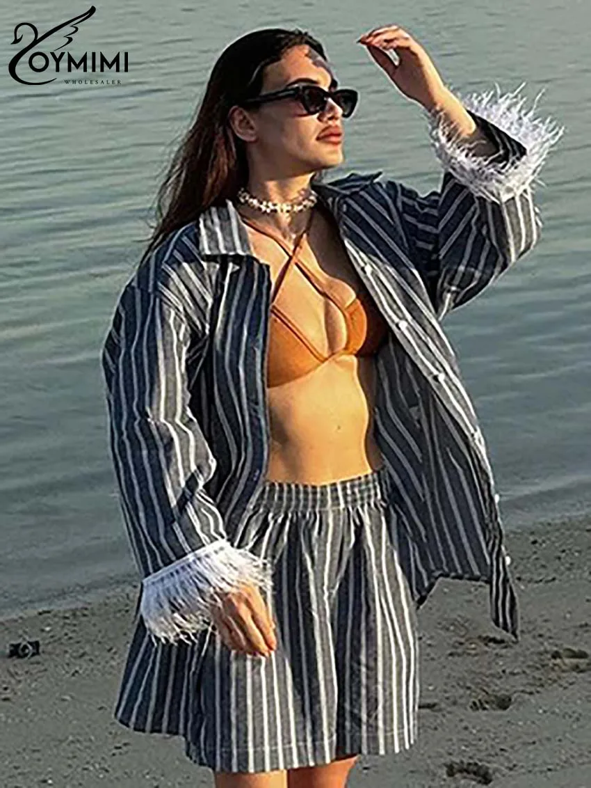 

Oymimi Elegant Grey Print Sets Womens 2 Piece Fashion Long Sleeve Feathers Button Shirts And High Waist Shorts Sets Streetwear