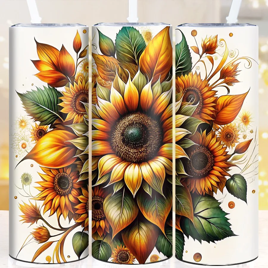 1Pc 3D Print Sunflowers Bouquet Party Tumblers Straw Lid 20oz Stainless Steel Seamless Inflated Coffee Vacuum Cups Anniversary