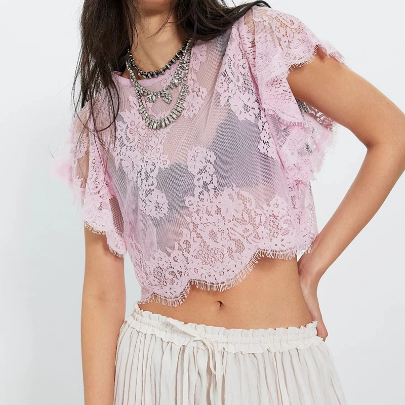 Women's Sheer Ruffle Crop Top Boho Poncho Short Flutter Sleeve Blouse Eyelash Lace Mesh See Through Beach Shawl Shirt