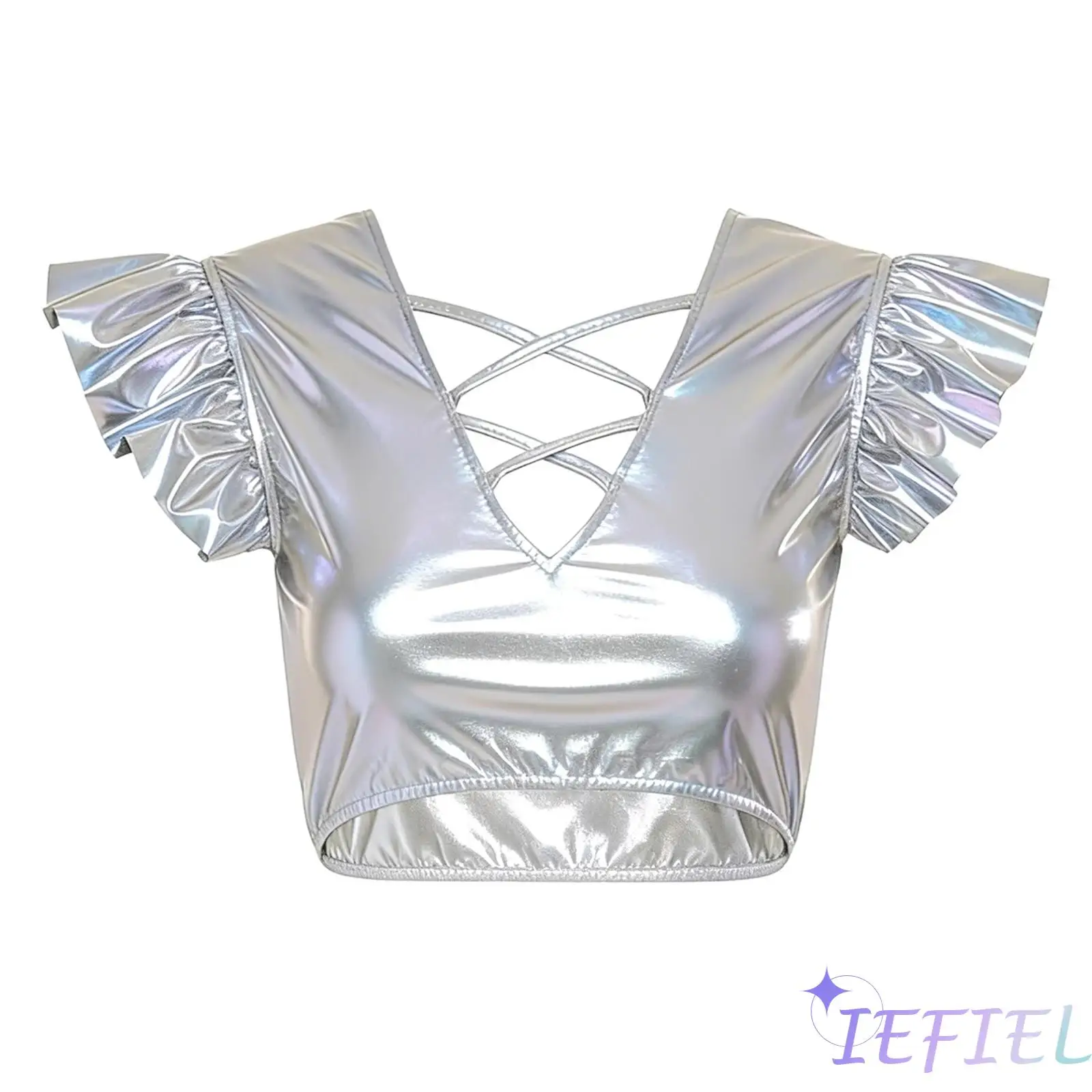 

Metallic Shiny Jazz Top for Women Strappy V Shaped Cutout Ruffled Fly Sleeve Iridescent Crop Top for Music Festival Rock Club