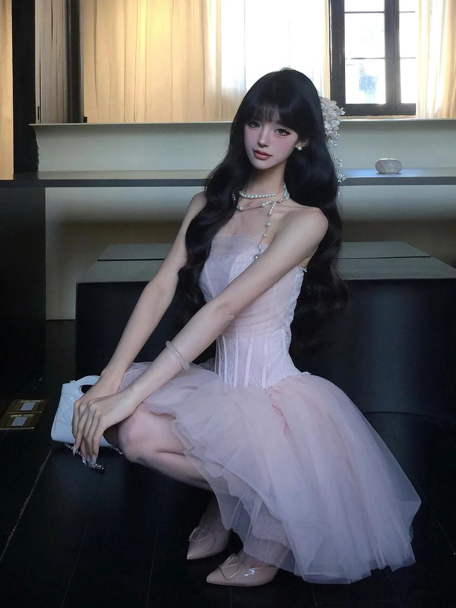 REDDACHiC Stitch Bloemen Kant Tube Top Rok Vrouwen Set Corset Tule Puffy Tutu Rok Fairycore Party Prom Cosplay Kostuum