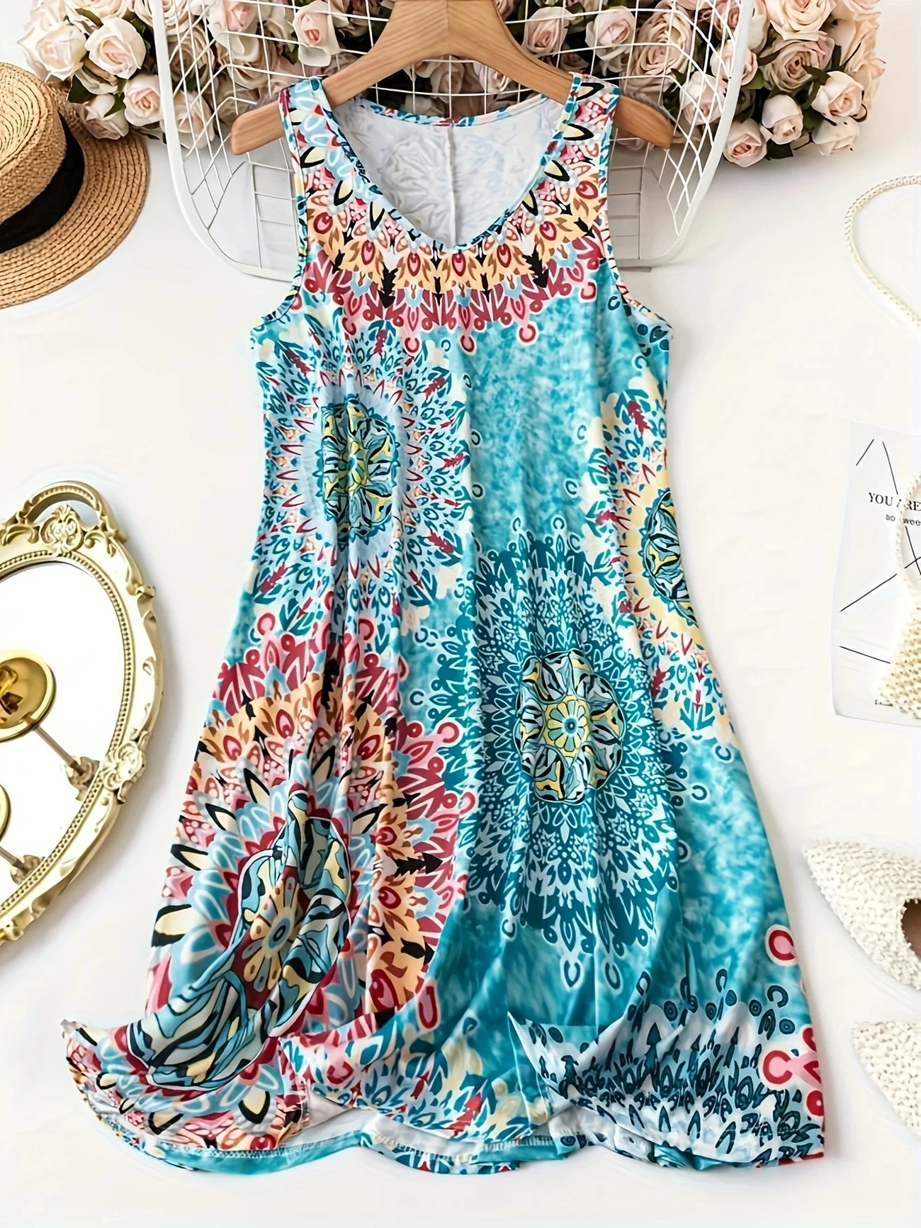 

Женское платье без рукавов больших размеров с принтом — повседневная летняя одежда с круглым вырезом, которую можно стирать в машине, идеально подходит для летней женской одежды