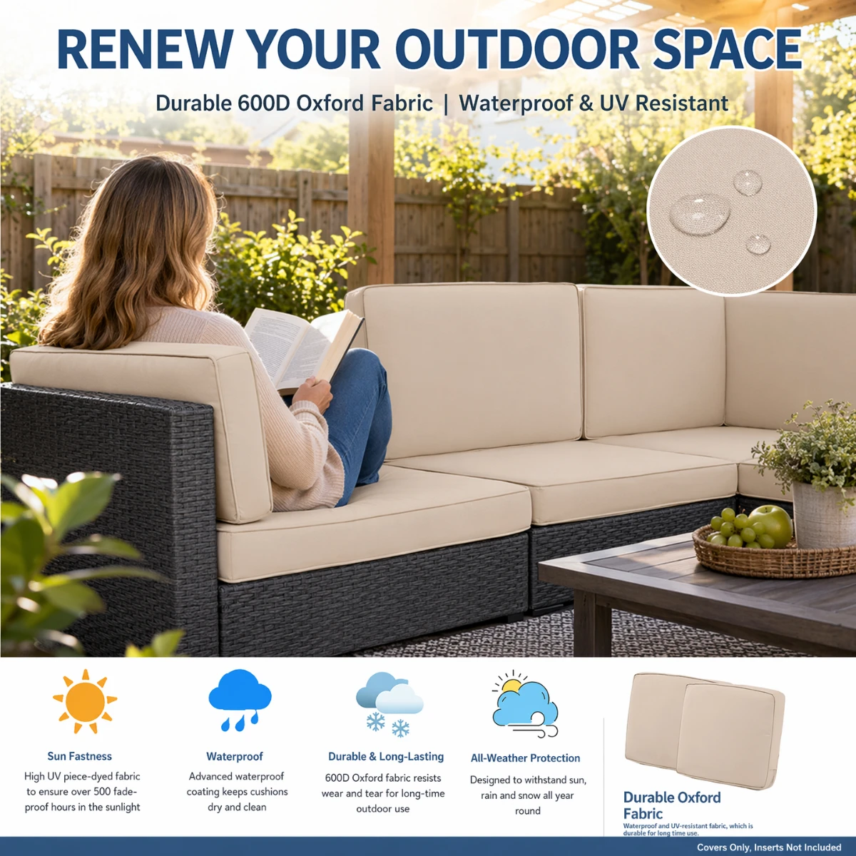 Patio Cushion Cover Patio Chair Seat Cover, 600D Thick Material Replacement Cushion Cover (Cover Only) Three Color Options