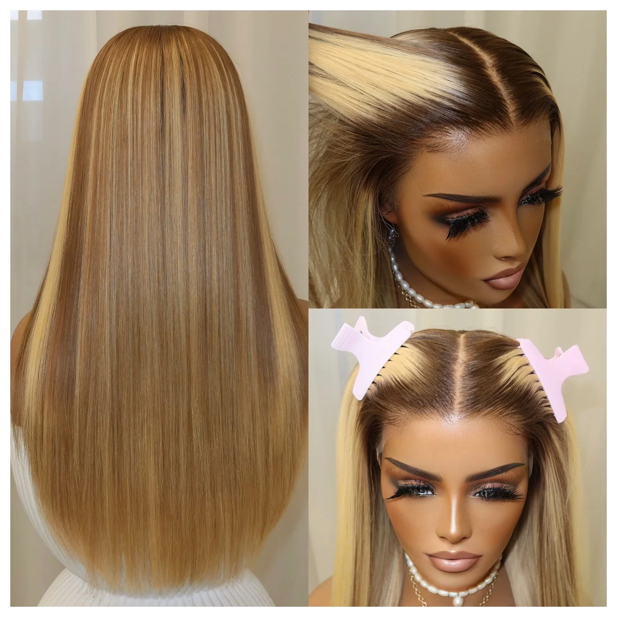 

Ombre Lace Wig for Women Platinum Blonde to Ash Brown Roots Natural Straight Synthetic with 5% Human Hair Mixed Fibre Wig