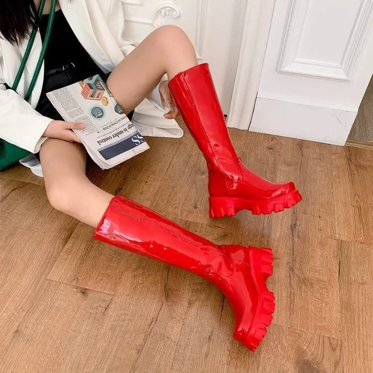 New mid-tube women's boots Waterproof Platform Inner Heightened Round Toe Over The Knee-Length Boots Patent Leather Heel Large