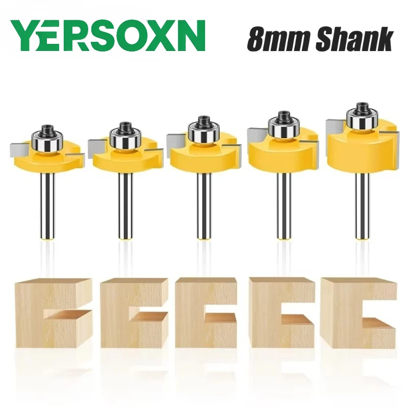 1PC 8mm Shank T-Slot Rabbet Router Bit T-Track Slotting Bit Milling Cutter with 10 Bearings Set Multiple Depths Woodworking Tool