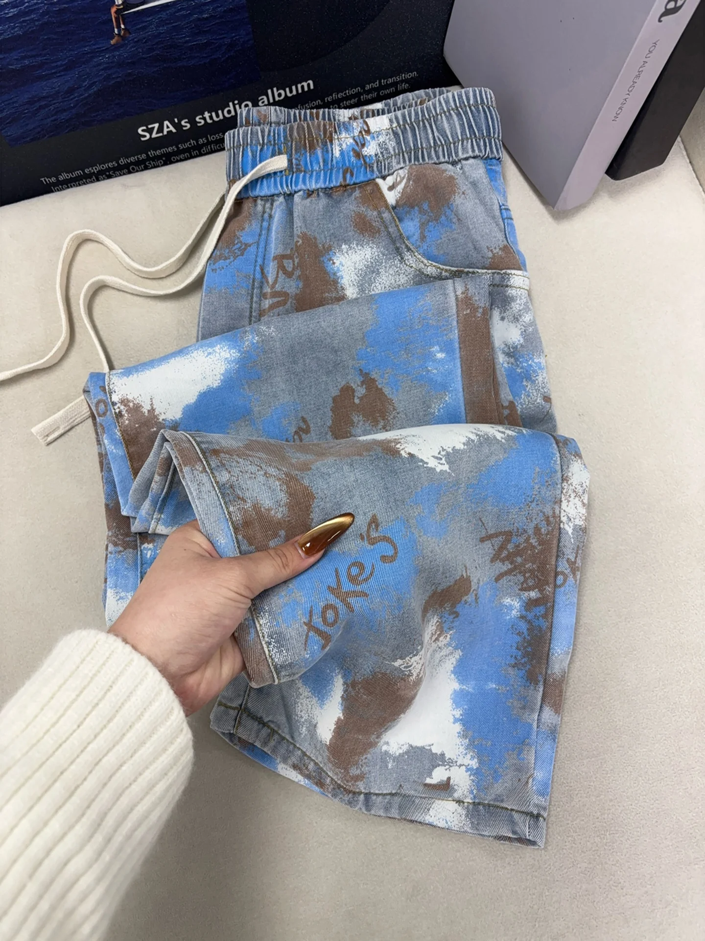 

Мужские летние тонкие джинсы из лиоцелла с синим тай-дай принтом, прямого кроя, в американском стиле, для уличной моды, свободные повседневные джинсы с прямыми штанинами