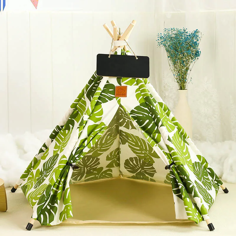 Dog Teepee, Cat Tent Teepee with Thick Cushion Blackboard, Washable Pet Tipi with Green Leaves Pattern Dog Bed Cat Tent House