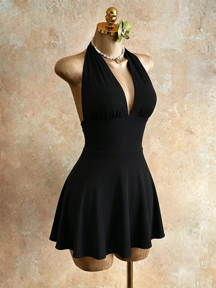 Summer Sexy Halter Neck Backless Tie Waist Pleated Bodycon V-Neck Slim Fit Dress Fashionable Casual Dress for Women - view 3