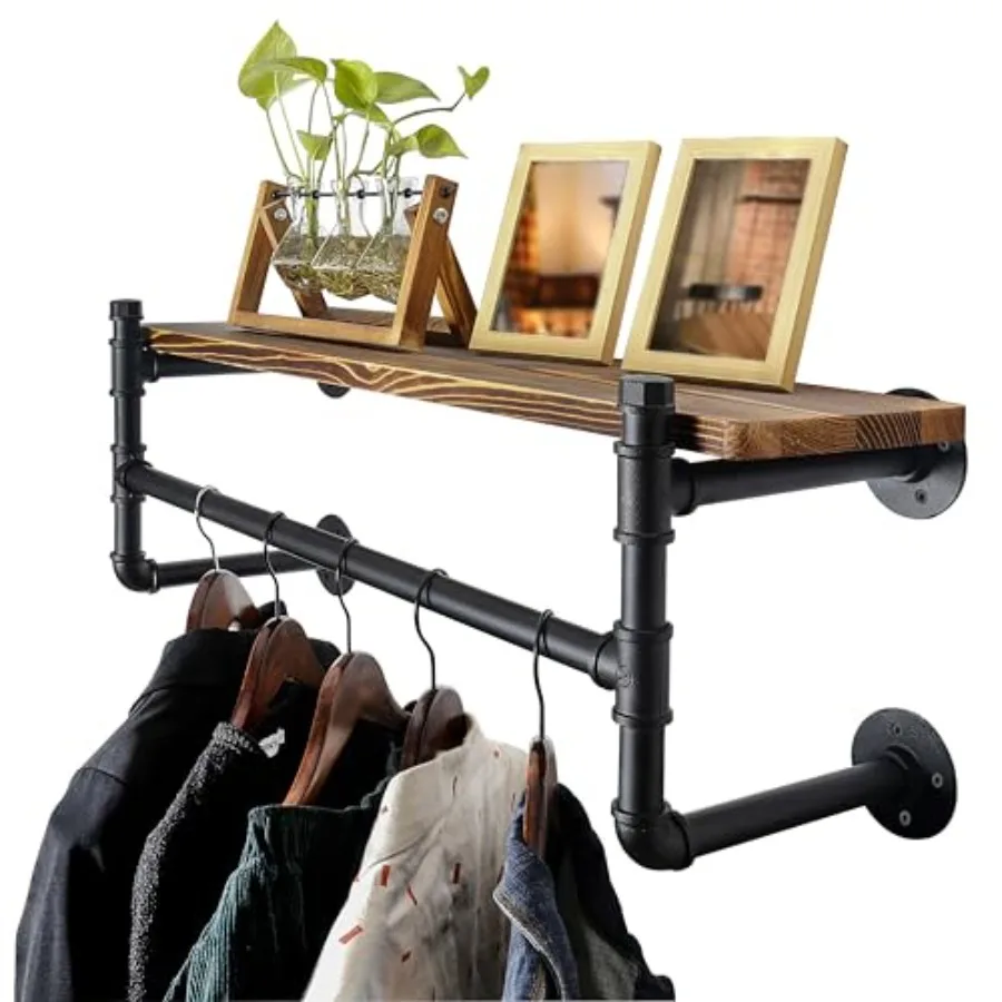 

Wall Mounted Clothes Rack with Shelf" dustrial Pipe Clothg Rack with Shelves Heavy Duty Iron Garment Bar Retail Display Clothes