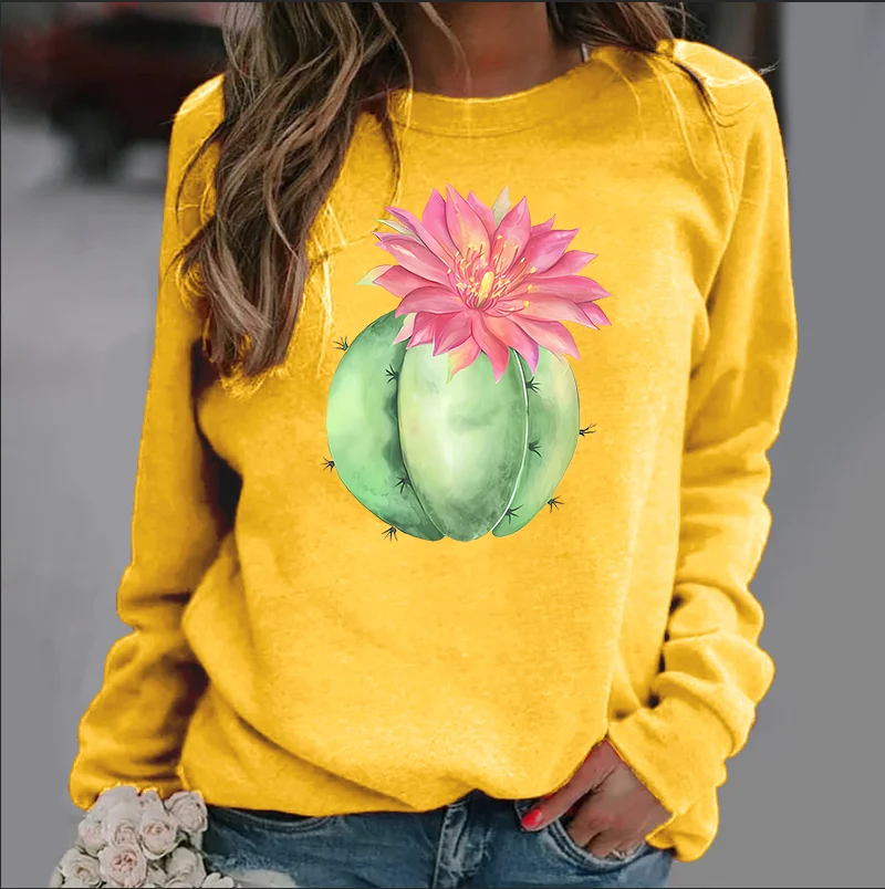 New Women's Hoodie European  Cactus Flower Printed Crew-neck Hoodie Sweatshirt  Streetwear Women