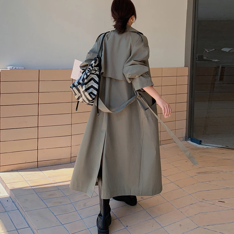 

Johnature Korean New Long Trench Coat 2024 Spring New Solid Color Turn-down Collar Loose All Match Bandage Women Coats