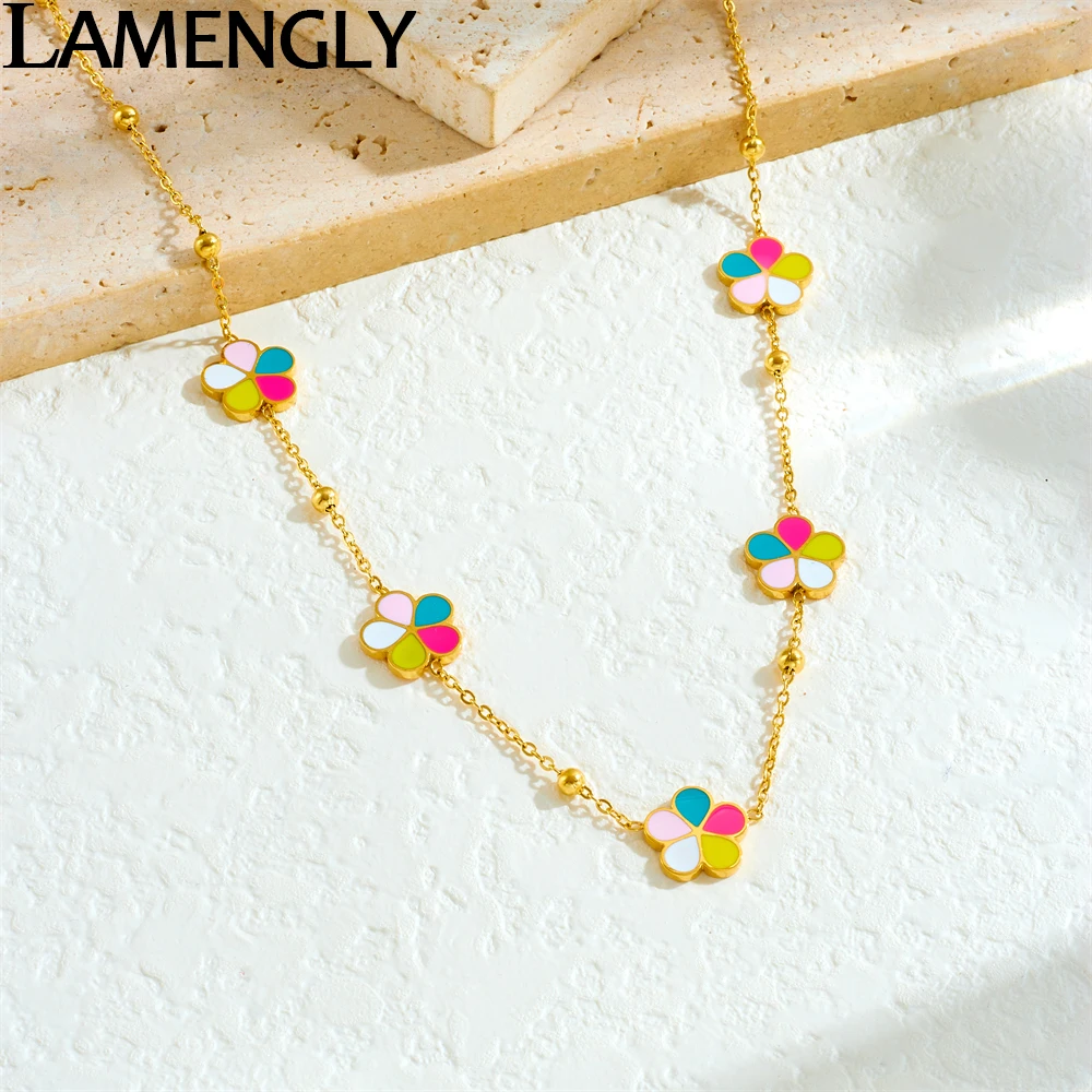 LAMENGLY 316L stainless steel candy color 5-leaf flower Pendant Necklace For Women Girl Dopamine style Glamorous Neck Chain Gift