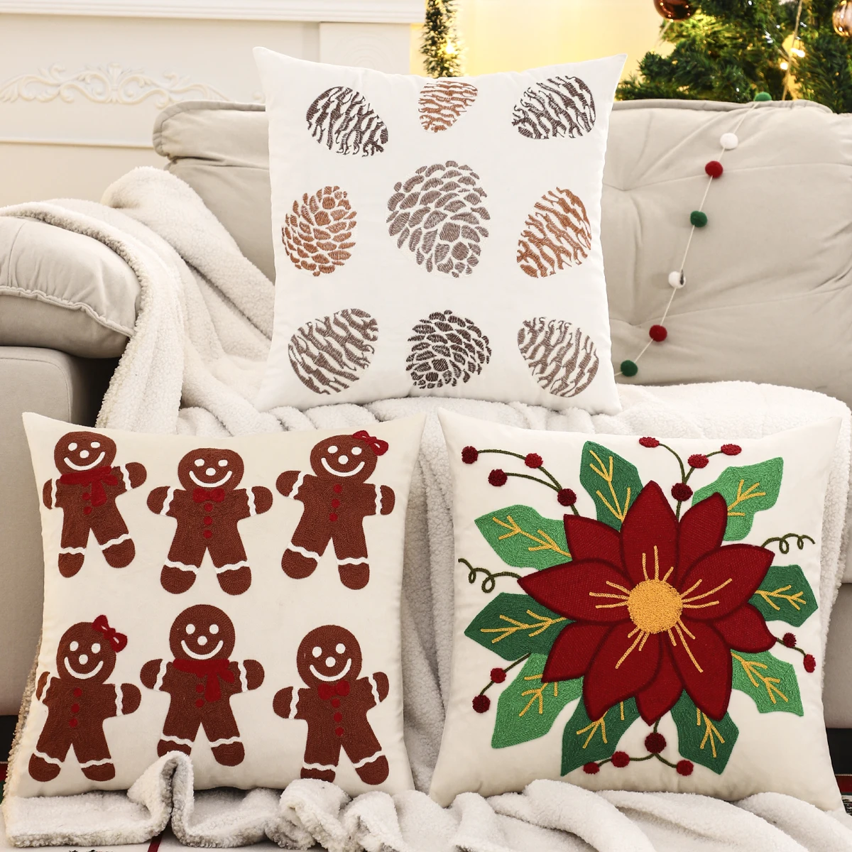 1PC Weihnachten Blume Dekokissenbezug Samt Stickerei Kegel Lebkuchenmann Weihnachtsdekoration Wohnzimmer